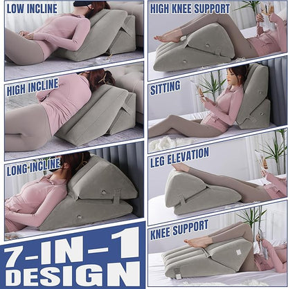 HOMBYS Adjustable Inflatable Bed Wedge Pillow for Sleeping, 7 in 1 Multi Use Back Pillow for Bed Sitting Up, 10 inch Elevated Support Pillow for Legs & Back, Portable for Travel Use-30"x22"x10", Grey