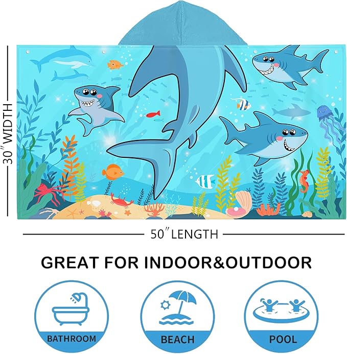 Shark Hooded Beach Towel for Kids, Cool Ocean Fishes Bath Towel with Hood for Boys, Funny Sea Animals Microfiber Super Absorbent Soft Poncho Bathrobe for Swin Pool 30”x50”