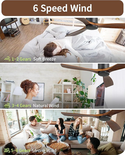CACI Mall 52 Inch Flush Mount Wood Ceiling Fan without Light,Low Profile,Modern,6 Speed,3 Blades Timer,Remote Control,Quiet Reversible DC Motor for Berdrooms, Livingroom, Patios