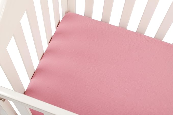 Muslin Pack n Play Sheets Soft Breathable 100% Cotton Mini Crib Fitted Sheets Portable/Convertible Playard Mattress Cover 2 Pack for Baby Girl, Pink and Pastel Violet