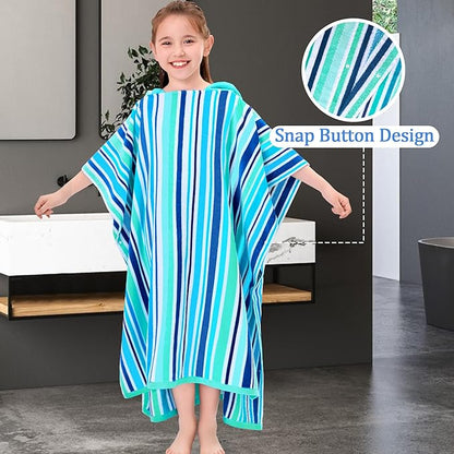 VOOVA & MOVAS Teens Hooded Poncho Towels (8-16Years), 100% Cotton Thick Poncho Towel Robe for Kids, Perfect for Pool, Beach, Bath and Gifts,Blue Green Stripe