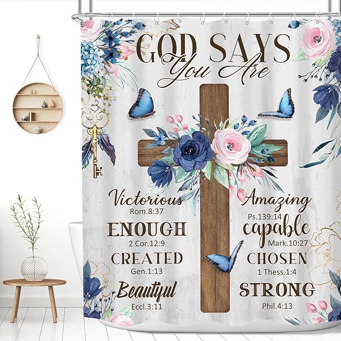 MESHELLY Christian Flower Shower Curtain 60Wx72H Rustic Farmhouse Cross Teal Bible Verse Scriptures Bathroom Curtain Inspiration Quote Bath Curtain Fabric Motivational Bathroom Decor with 12 Hooks