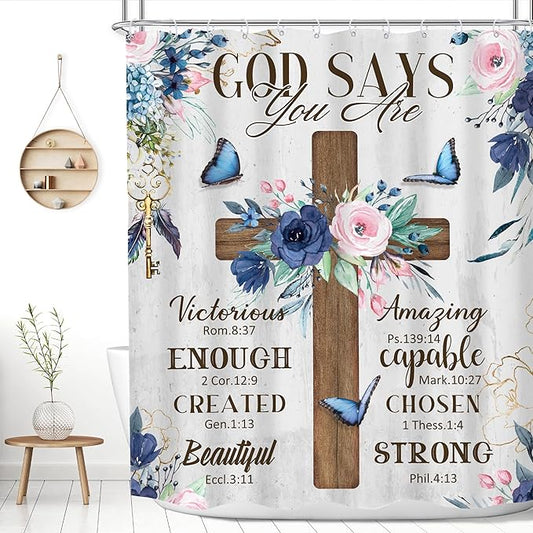 MESHELLY Christian Flower Shower Curtain 60Wx72H Rustic Farmhouse Cross Teal Bible Verse Scriptures Bathroom Curtain Inspiration Quote Bath Curtain Fabric Motivational Bathroom Decor with 12 Hooks