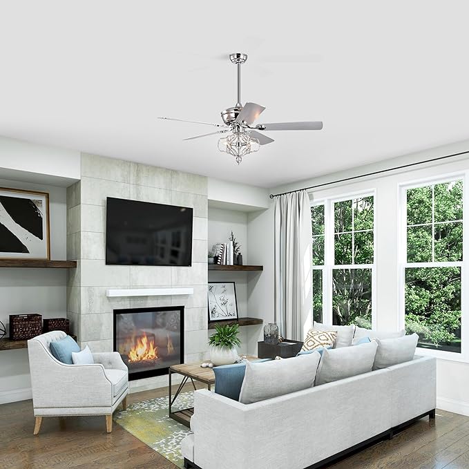 NicBex Ceiling Fan 52 Inch Crystal Ceiling Fan with Lights Ceiling Fans with 5 Blades and Remote Control Ceiling Fan with Lamp Shade for Bedroom, Living Room, Silver