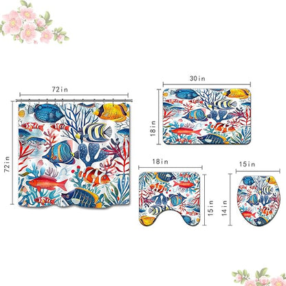 4PCS Fish Shower Curtain Set with 12 Hooks for Bathroom Sets Fish Decor, Non-Slip Rugs and Toilet Mat Lid Rug, Durable Waterproof for Bathroom Ocean Underwater World Tropical Fish Decor 72x72 Inch