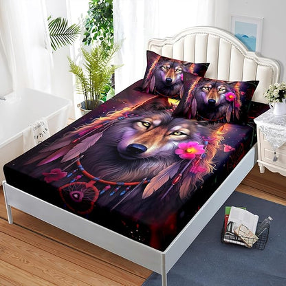 AILONEN Wolf Dream Catcher Fitted Sheet Set Full Size, Wildlife Wolf Bed Sheet Set,Safari Animal Moon Wolf Fitted Sheet and 2 Pillowcases,3 Pieces(Boys/Men/Kids/Teens)