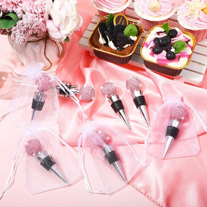 Crystal Wine Bottle Stopper Diamond Wine Stoppers Reusable Zinc Alloy Silicone Beverage Saver Corks Wine Decorative Bottle Stoppers with Sheer Bags for Wedding Bar Gifts(Pink,24 Set)