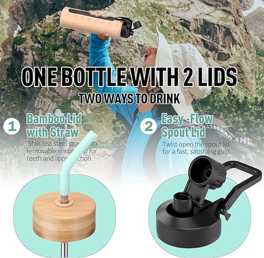 Glass Water Bottles with Straw -24oz- Water Bottle Phone Holder for Gym Sports Water Bottles with Silicone Sleeve Glass Drinking Bottles 2 Lids - Spout & Bamboo Straw Lid(Mint Green)