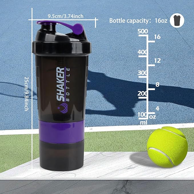 Shaker Bottle - Protein Shaker Cup with Storage Compartments - Leak-proof Workout Shake Bottles with Mixer for Smooth Mixing-500ML/16oz (PURPLE & BLACK)