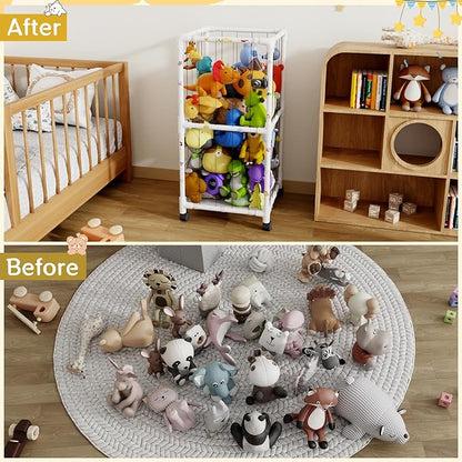Large Stuffed Animal Zoo Cage with Wheel, Plush Animal Storage Holder for Stuffed Animals, Playroom, Bedroom, Nursery, Stuffed Animal Storage Shelves Display Decor, Kids Toy Storage Organizer