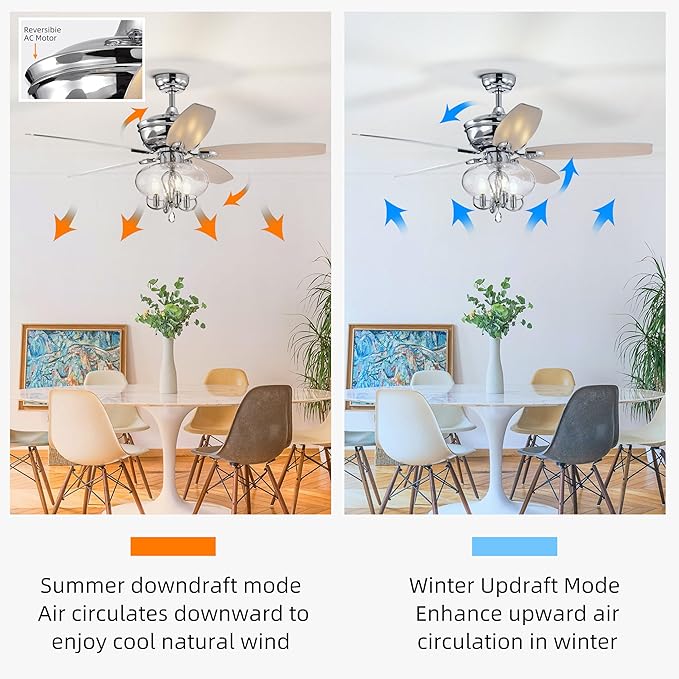 NicBex Ceiling Fan 52 Inch Classic Crystal Ceiling Fan with Lights Ceiling Fans with 5 Blades and Remote Control Ceiling Fan with Lamp Shade for Bedroom, Living Room, Silver