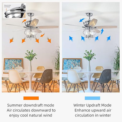 NicBex Ceiling Fan 52 Inch Classic Crystal Ceiling Fan with Lights Ceiling Fans with 5 Blades and Remote Control Ceiling Fan with Lamp Shade for Bedroom, Living Room, Silver