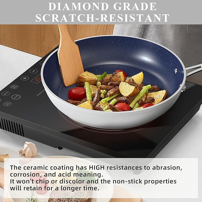 Nuwave Healthy Duralon Blue Ceramic Nonstick Cookware Set, Diamond Infused Scratch-Resistant, PFAS Free, Dishwasher & Oven Safe, Induction Ready & Evenly Heats, Tempered Glass Lids & Stay-Cool Handles