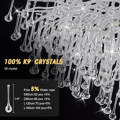 Modern Chandeliers,47.24in Rectangular Crystal Chandelier Chrome, 13-Light Farmhouse Raindrop Chandelier Pendant Light Fixture for Living Room, Kitchen Island 13-Light