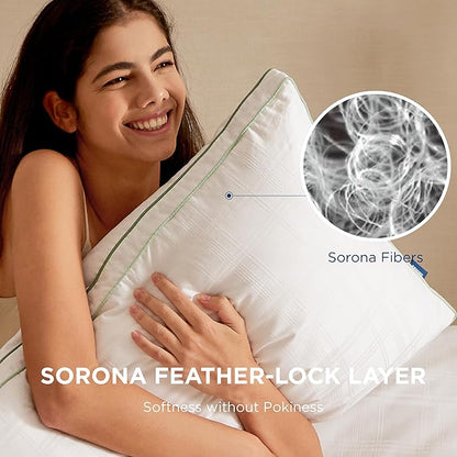 Bedsure Luxury Goose Feathers Down Pillow - 300 Thread Count Cotton Cover Gusseted Hotel Collection Bed Queen Pillow, Ultra-Soft High Elasticity Sorona Fiber Layer Pillows (1, Green, King)
