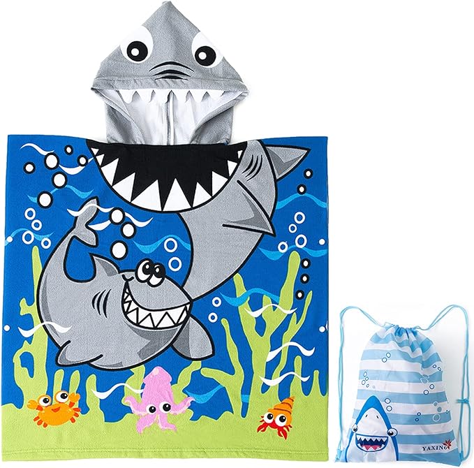NovForth Kids Beach Towel for Boys Girls, Shark Hooded Bath Towel Wrap, Toddler Pool Towel with Hood