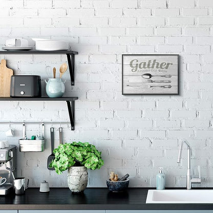 Stupell Industries Gather Silverware Kitchen Wood Texture Word, Design by The Saturday Evening Post Wall Art, 11 x 14, Black Framed