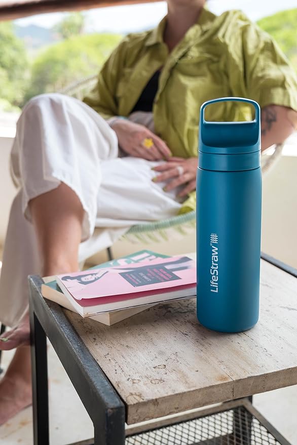 LifeStraw Go Series – Double Wall BPA-Free Vacuum Insulated 18 oz Stainless Steel Water Filter Bottle for travel and everyday use; Laguna Teal