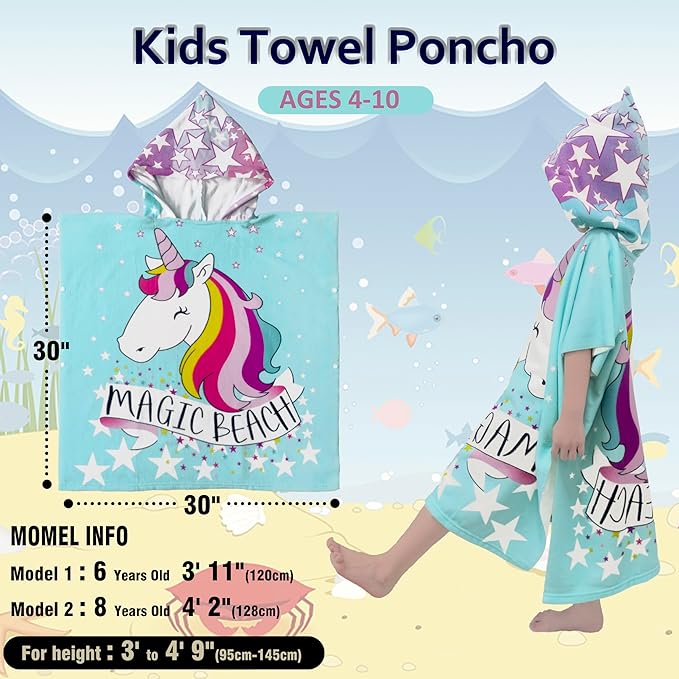 Hooded Kids Beach Towels - Toddler Bath Towel Girls Boys Swim Cover-ups for Ages 4 to 10 Kids Pool Towels Quick Dry Lightweight Soft Microfiber Poncho 30x30 with Bag (Aqua Unicorn)