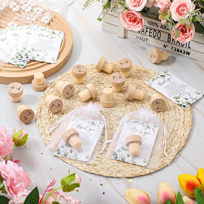 Barydat 50 Sets Wedding Favors for Guests Bulk Engraved Wood Wine Bottle Corks Wine Stopper with Wedding Thank You Cards and Organza Bags Wedding Appreciation Gifts for Guest Thank You Gifts (Classic)