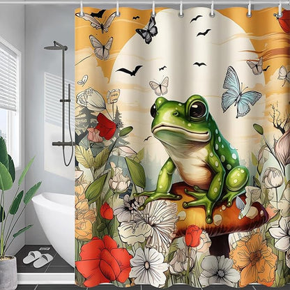 AILONEN Cartoon Frog Waterproof Shower Curtain,Nature Plant Fungus Flower Frog Bath Curtain,Fantasy Sunset Abstract Yellow Bathroom Curtain Decor 72" W x 72" H
