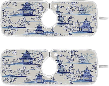 Kitchen Faucet Absorbent Mat, Ink Chinese Pagodas Trees Water Splash Guard for Sink, Faucet Drip Catcher Thicken Sponge Microfiber Faucet Water Catcher Mat Sink Absorbent Mat for Kitchen 14x5in 2Pack