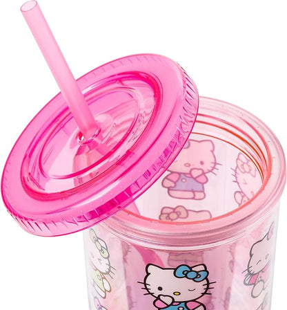 Silver Buffalo Sanrio Hello Kitty Expressions Poses Plastic Cold Cup with Lid and Straw, 20 Ounces