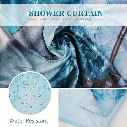 Aimego Long Funny Shower Curtain - Cute Crazy Cat Riding Shark Ocean Fun Fabric Cloth Shower Curtain Set with 12 Hooks for Adults Bathroom Decor Accessories Bath Curtain, 72"x78", Blue Red