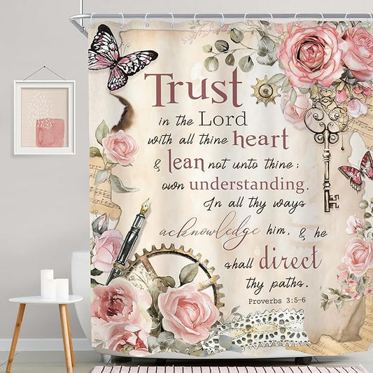 MESHELLY Vintage Pink Christian Shower Curtain 60Wx72H Retro Floral Bible Verse Bathroom Curtain Scripture Bath Curtain Fabric Rustic Flower Butterfly Quotes Bathroom Accessories Decor with 12 Hooks