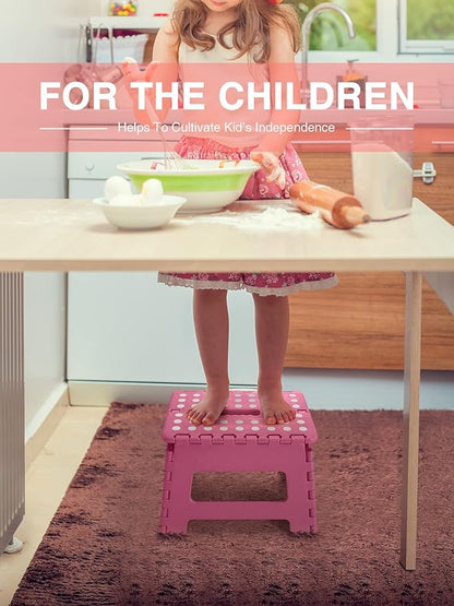 Folding Step Stool 9", Kids Step Stool, Heavy Duty Step Stools for Adults, Compact Foot Stools, Light-Weight Toddler Step Stool for Kitchen, Bathroom, Holds Up to 300 lbs (Pink)