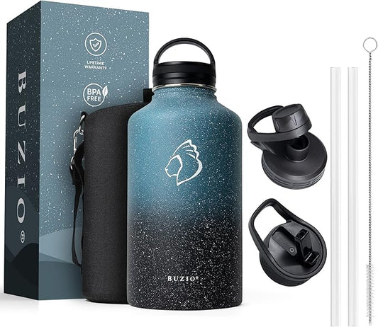 BUZIO Water Bottle with Straw lid, Spout Lid, Hand Lid and Carrying Pouch, 32oz 40oz 64oz Stainless Steel Water Flask Jug, Cold for 48 Hrs Hot for 24 Hrs Double Vacuum Thermo Canteen Mug, BPA-Free