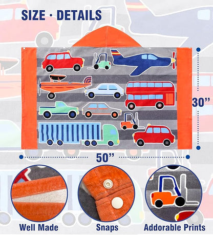 Kids Bath Towel Hooded - Cotton Kids Beach Towel 30"x50" for Ages 3 to 10, Toddler Towels with Hood Snaps, Soft Terry Poncho Towel as Pool Swim Cover Ups for Girls Boys (Vehicle)
