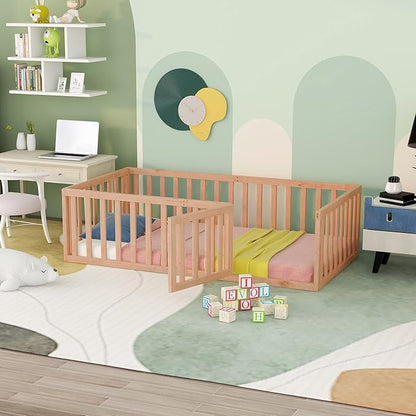 Twin Size Floor Bedframe with Door and Safety Guardrails Fence, Solid Wooden Toddler Montessori Platform Bed for Children Bedroom, Boys Girls, Kids Playroom