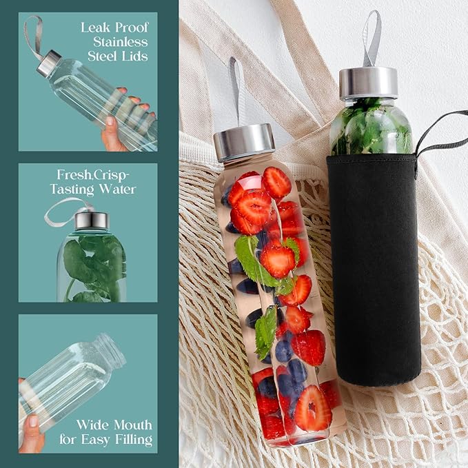 32 oz Glass Water Bottle Set of 12 - Glass Water Bottles Caps & Sleeve, Reusable Glass Bottle Lids, Clear Glass Bottles, Refillable Glass Juice Bottles for Juicing, Juicer Bottles