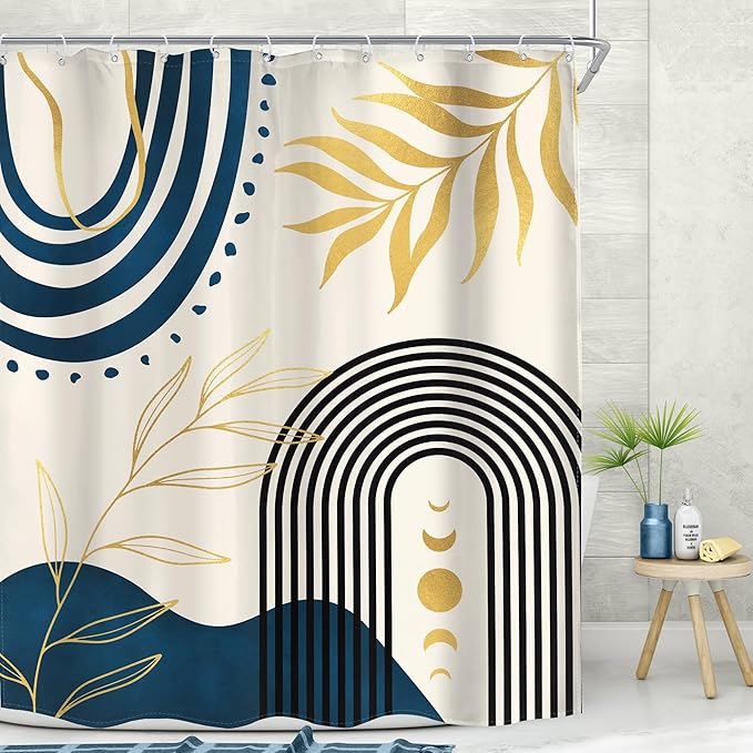 MESHELLY Navy Blue Boho Shower Curtain 60Wx72H Gold Leaves Moon Phase Minimalist Arch Bathroom Curtain Modern Bath Curtain Cloth Fabric Abstract Mid Century Bathroom Accessories Decor with 12 Hooks