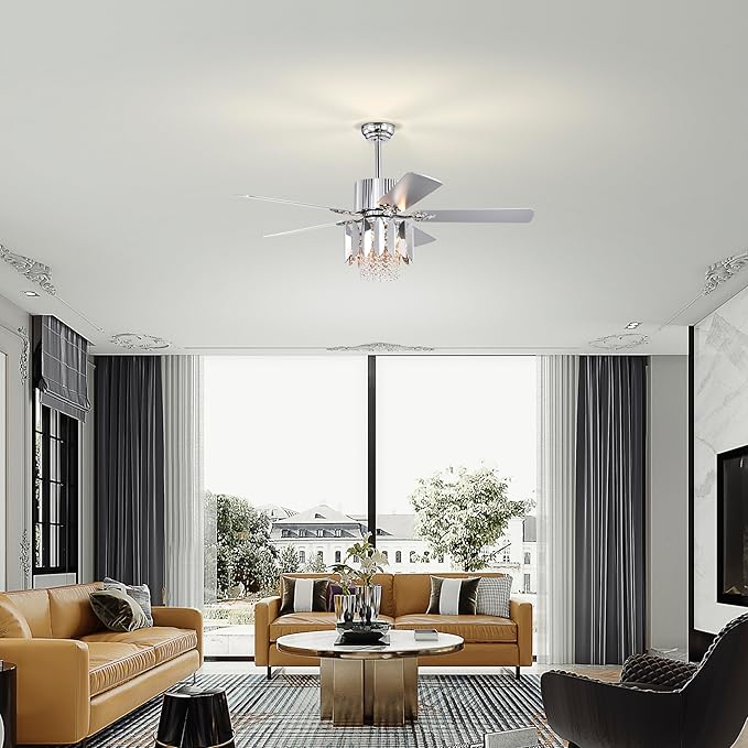 NicBex Ceiling Fan 52 Inch Ceiling Fan with Lights Ceiling Fans with 5 Reversible Blades and Remote Control Ceiling Fan with Crystal Lamp Shade for Bedroom, Living Room, Silver