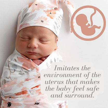 Newborn Baby Girl Receiving Blanket Swaddle Blanket Stretchy Knit Swaddle Set with Matching Headband Beanie with a Name Card (Pink and Orange Floral)