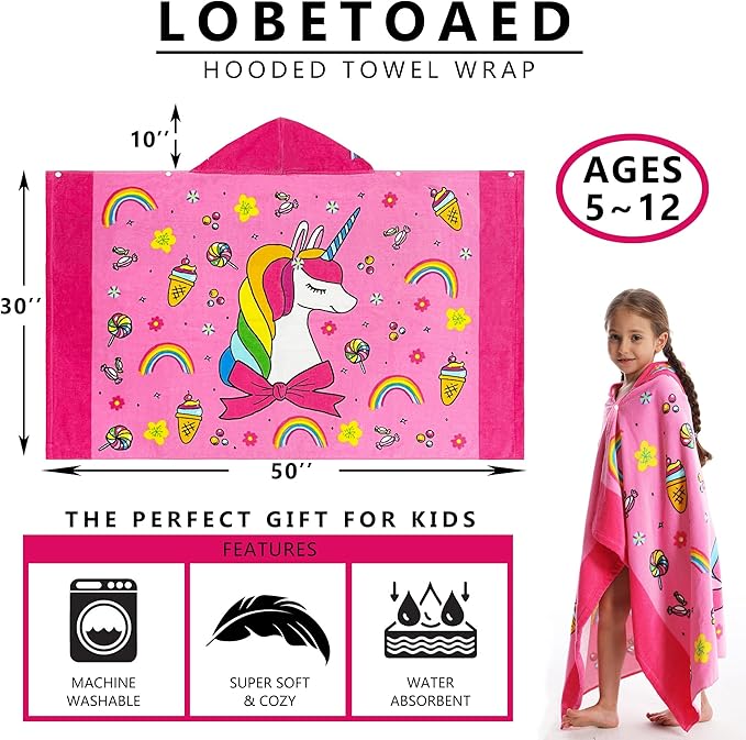 Kids Hooded Beach Bath Towel, Baby Surf Poncho Toddlers Soft Real Cotton Wrap Hooded Towels for Kids Boy Girl