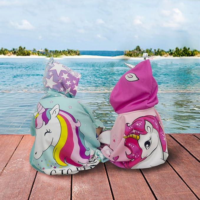 Hooded Kids Beach Towels - Toddler Bath Towel Girls Boys Swim Cover-ups for Ages 4 to 10 Kids Pool Towels Quick Dry Lightweight Soft Microfiber Poncho 30x30 with Bag (Aqua Unicorn)