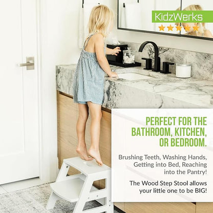 Kids Step Stool for Toddlers Bathroom Kitchen Potty Wooden Children’s Stepping Standing 2-Step Ladder, Grey