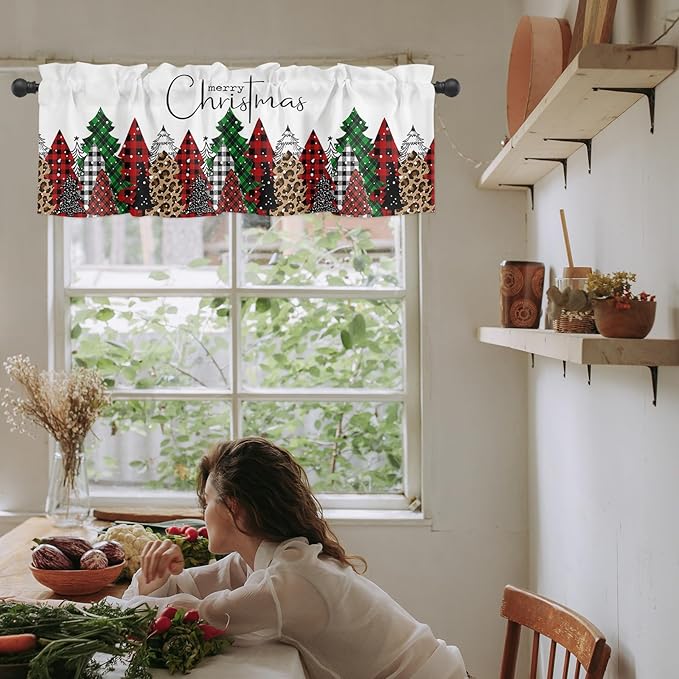 Merry Christmas Valance Curtains for Kitchen Windows Buffalo Plaid Xmas Tree Winter Forest Farmhouse Rod Pocket Window Treatment Toppers for Kitchen/Living Room/Bedroom/Bathroom, 54" X 18",Red Green