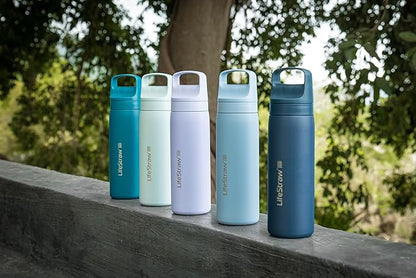 LifeStraw Go Series – Double Wall BPA-Free Vacuum Insulated 18 oz Stainless Steel Water Filter Bottle for travel and everyday use; Icelandic Blue
