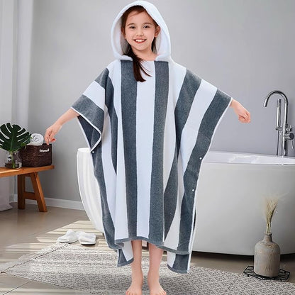 VOOVA & MOVAS Quick Dry Hooded Poncho Towel for Teens (8-16Years), 100% Cotton Thick Poncho Towel Robe for Kids | Boys, Perfect for Pool, Beach, Bath and Gifts, Gray White Stripe