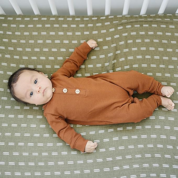Olive Strokes Muslin Crib Sheet by Mebie Baby, Soft and Breathable Bed Sheets for Babies, Modern Neutral Bedding for Cribs, Standard Crib Mattress Fitted Sheet, Great for Boy or Girl Room or Nursery
