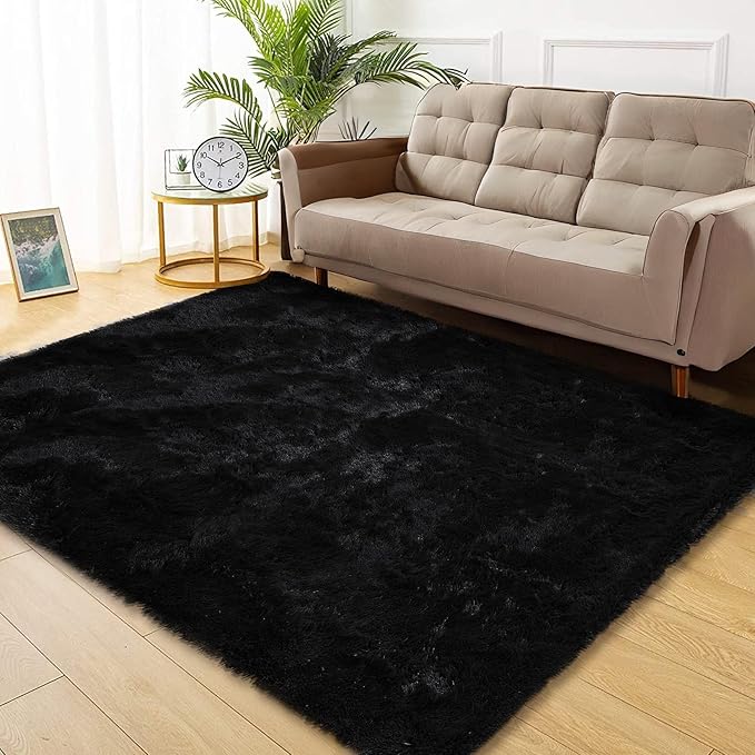 Fluffy Shaggy Area Rug 6x9 for Living Room, Solid Soft Plush Carpet Indoor Modern Thick Fur Rug, Anti-Slip Luxury Shag Rug for Bedroom Nursery Boys Room Office Classroom Dorm, Black