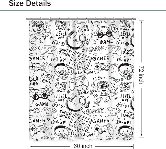 Kids Gaming Shower Curtain for Boys 60Wx72L Inch Gamer Black White Video Game Cool Teens Funny Monochrome Sketch Graffiti Gamer Gamepad Bathroom Set Bath Curtain Bathtub Accessories Home Decor