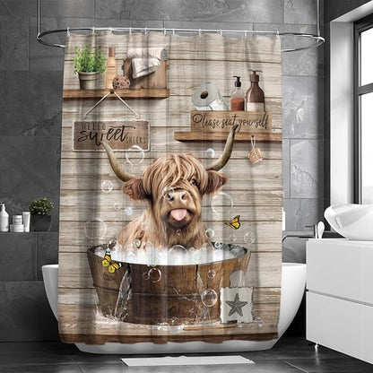 Farmhouse Highland Cow Shower Curtain Funny Western Farm Animal Bull Shower Curtains for Bathroom Decor Waterproof Polyester Fabric Country Cattle Bathroom Curtain with Hooks 66x72 Inch