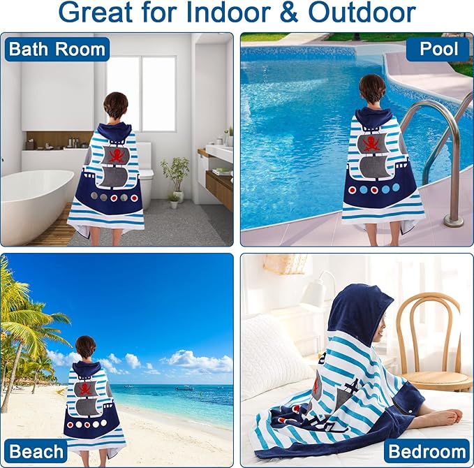 Wowelife Toddler Bath Towel, Blue Hooded Beach Towel, 100% Cotton, Quick Dry, Absorbent, Machine Washable, Adjustable, Pirate Ship Theme