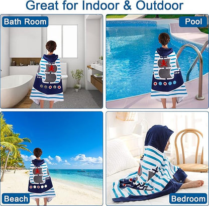 Wowelife Toddler Bath Towel, Blue Hooded Beach Towel, 100% Cotton, Quick Dry, Absorbent, Machine Washable, Adjustable, Pirate Ship Theme