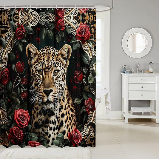 Feelyou Rose Leopard Bathroom Shower Curtain Set Boys Leopard Shower Curtain Leopard Bath Curtain for Kids Boys Girls Wild Leopard Kids Bathroom Accessories Wild Animal 72"x72"